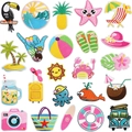 Textura detallada de bordado de varios parches termoadhesivos coloridos tema playa - Juego de parches con tema de Hawái
