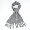 Men's grey cashmere feel scarf with white plaid pattern and tassel fringe detailing - 30*190cm / Gray with White Large Grid