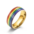 Close-up of golden stainless steel ring featuring vibrant six-color rainbow enamel stripes - US 7 / Gold