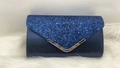 Navy blue sequin clutch bag with silver V-shaped metal trim for evening fashion - TW008 (24x14x5.5cm) / Blue