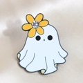 Ghost enamel pin with yellow flower and rhinestone on white silk background - Ghost with Head Flower / White