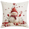 Weihnachts-Leinenkissenbezug mit süßem Schneemann, roter Mütze und Geschenkboxen - Schneemann