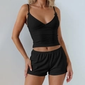 Detail of black V-neck camisole and shorts set with fine ribbed knit fabric texture - Black / S