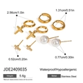 Detailed view of gold stainless steel earrings set with size specs and waterproof data - Cross Pearl Earring Combination (JDE2409035)