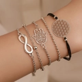 Silberne Unendlichkeits- und Hamsa-Hand-Armbänder mit schwarzer Blume-des-Lebens-Kordel - Silber-Schwarz Hamsa Hand Set (4358)