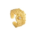 Anillo ajustable de plata S925 con textura de corteza dorada y piedra de circón - Abierto Ajustable / Oro Brunido de 18K con Piedra Blanca