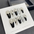 Handmade Y2K punk style black and silver press-on nails with heart and metallic texture - Extra Small (XS)