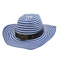 Detail of blue and white striped straw cowboy hat with a metal bull head buckle and star studs - One Size(56-58cm) / Blue & White with Windproof Rope (Star Bull Head)
