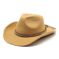 Close-up of a camel felt cowboy hat featuring a studded decorative band and leather drawstrings - Camel