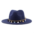 Detail of dark blue straw fedora with colorful shell charms and bohemian braided cord - Navy Blue