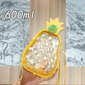 Close-up of a 600ml pineapple shaped water bottle with straw and yellow carry strap - 600ml / Yellow