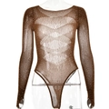 Détail d'un body en maille marron transparent orné de strass brillants et de manches - Taille unique / Café