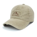 Detail of washed cotton baseball cap with mountain embroidery and vintage frayed brim - Adjustable / Khaki