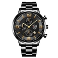 Men's black stainless steel quartz watch with gold markers and luminous hands - Black Steel Band Gold Accents [Steel + Calendar/Luminous]