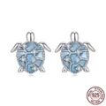 Blue sea turtle stud earrings in 925 sterling silver with sparkling zircon accents - BSE1180 Sea Turtle Stud Earrings