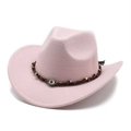 Detail of pink felt cowboy hat featuring woven band with blue evil eye pendant ornament - M (56-58cm) / Pink