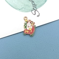 Christmas snowman on red sleigh with green tree DIY enamel charm pendant for jewelry - Santa Claus in Carriage