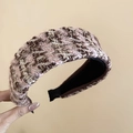 Macro detail of pink and brown tweed knit headband with thick padded texture - Pink Coffee Mix
