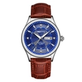 Men's quartz watch with brown leather strap, blue textured dial and day-date display - Silver Case Blue Dial Brown Leather Strap