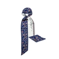 Close-up of knotted dark blue floral silk scarf with summer lettering and white flowers - Navy Blue Floral-Summer (X-21-10)