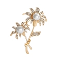 Elegant gold flower brooch with white faux pearls and sparkling rhinestones for formal wear - Gold Twin Flower Artificial Pearl Rhinestone Brooch (HC1053 Gold)