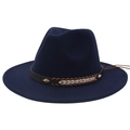 Detailed close-up of dark blue wool fedora with brown braided leather band and metal studs - M (56-58cm) / Navy Blue
