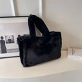 Chic black plush tote bag with soft faux fur texture and dual handles for women - Black