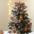 Miniature flocked Christmas tree with khaki bow, berries, pinecones and LED wooden cabin - Golden House Style 60cm