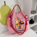 Detail of pink nylon drawstring bag with colorful floral embroidery and braided strap - M / Pink Frame Flowers (Without Shoulder Strap)