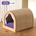 Large wooden cat scratcher bed with sisal top and purple cushion, size 47x39x35cm - L / Siren Purple