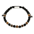 Men's Tiger Eye and Black Agate beaded bracelet with adjustable polished metal clasp - 4mm+6mm Bead Diameter / Faceted Yellow Tiger Eye (B063)