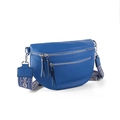 Bright blue leather crescent bag with ethnic patterned strap and silver hardware - Klein Blue
