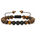 Adjustable tiger eye and black lava stone braided bead bracelet for men and women - Tiger Eye + Lava Stone