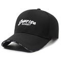 Black baseball cap with white Sunrise SUNSET embroidery and SPORT lettering on the brim - Adjustable / Black With White Embroidery