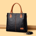 Large capacity black PU leather tote bag with brown handles and embossed letters - Upgrade Version / Brown