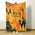 Detail of Halloween flannel blanket featuring pumpkin, bat and cat prints with Happy Halloween text - Style 5-Orange Yellow Pumpkin Owl