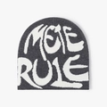 Dark grey knitted beanie featuring white MERE RULE jacquard lettering for winter warmth - Deep Heather Grey