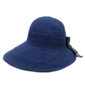 Dark blue woven sun hat with wide brim and elegant black silk bow detail - Adjustable / Navy Blue