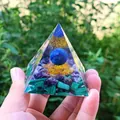 Orgone energy pyramid with lapis lazuli sphere, amethyst, and green malachite stones - B-3-4 Blue Energy Sphere Crystal