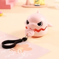 Pink cartoon shark keychain with small fish detail and black plastic snap hook accessory - Pink Pull-String Shark