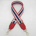 Adjustable woven shoulder strap featuring red, white, and blue stripes with gold hooks - Red Blue + Red Leather