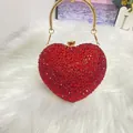 Sparkling red heart rhinestone evening bag with gold circular handle and metal clasp - Red