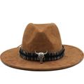 Brown wide-brim western cowboy hat with ethnic band and silver bull skull metal accessory - M (56-58cm) / Khaki