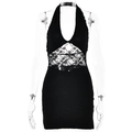Close-up of black lace mini dress featuring halter neck and cutout waist details - L / Black