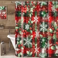 Detailsicht des Weihnachtsduschvorhangs mit rotem Karomuster und Stechpalmen-Beeren-Druck - 90*180cm / 25SD-C/Rot & Grün Kariert