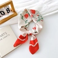 Elegant silk scarf with red rose pattern and wide red border tied in a stylish knot - Red Rose Butterfly / 70x70cm