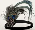 1920s vintage peacock feather headband with black rhinestone flower accent - Black Beaded Peacock Feather