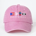 Close-up of pink Puerto Rico baseball cap featuring a washed denim texture and embroidery - Pink