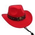 Detail of red cowboy hat with leather band, metal studs and adjustable drawstring - One Size / Red