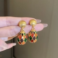 Vintage gold oval earrings with colorful enamel diamond pattern in French retro style - Colorful Egg Oval (7#)